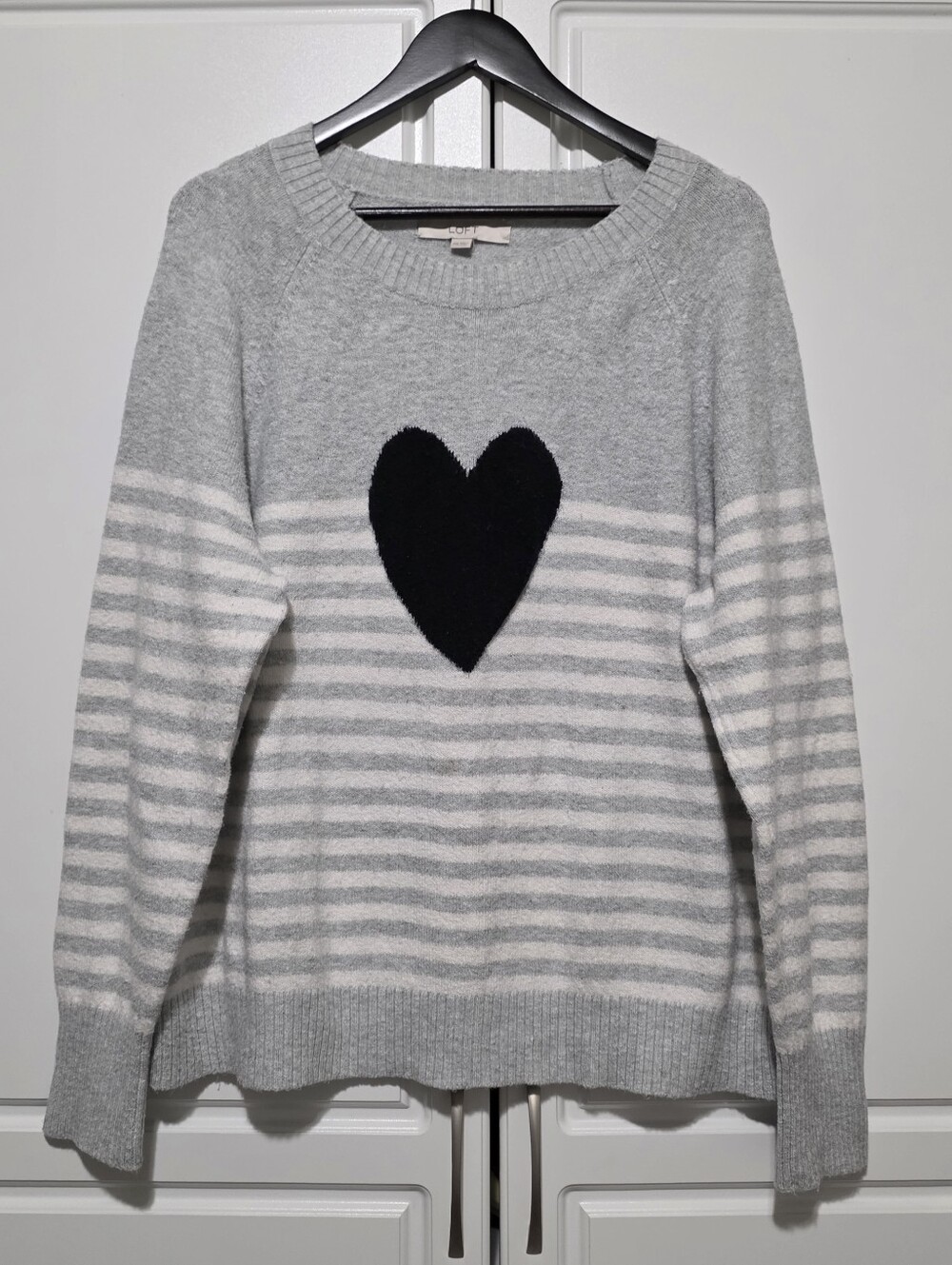 Loft Womens Colorblock Gray White Stripe w Black Heart Crewneck Pullover Sweater